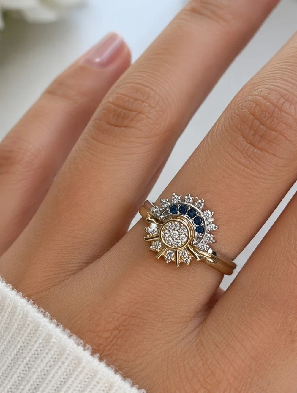Sterling Silver Celestial Sun & Moon Ring | Blue & Clear CZ | Two-Tone Statement